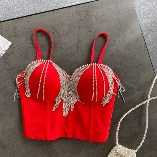 Tassel Rhinestone Camisole Sexy Padded Dance Crop Top