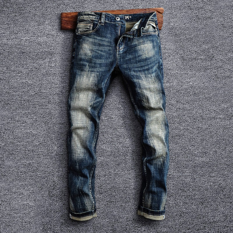 Italian Men Jeans Retro Elastic Slim Fit Ripped Jeans