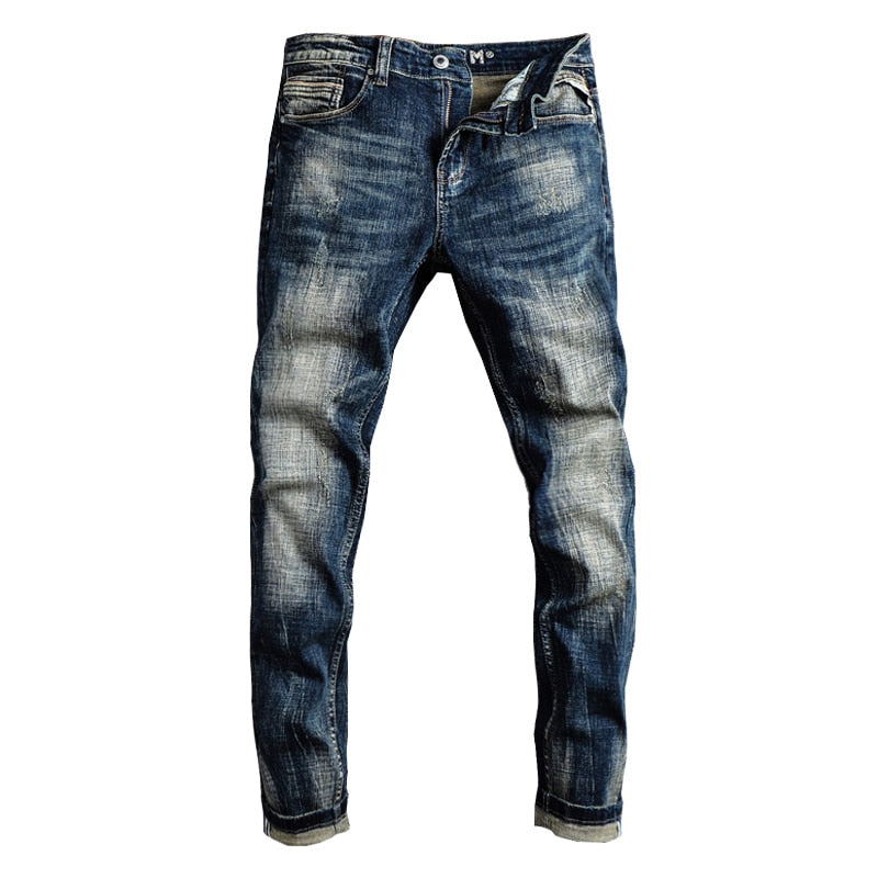 Italian Men Jeans Retro Elastic Slim Fit Ripped Jeans