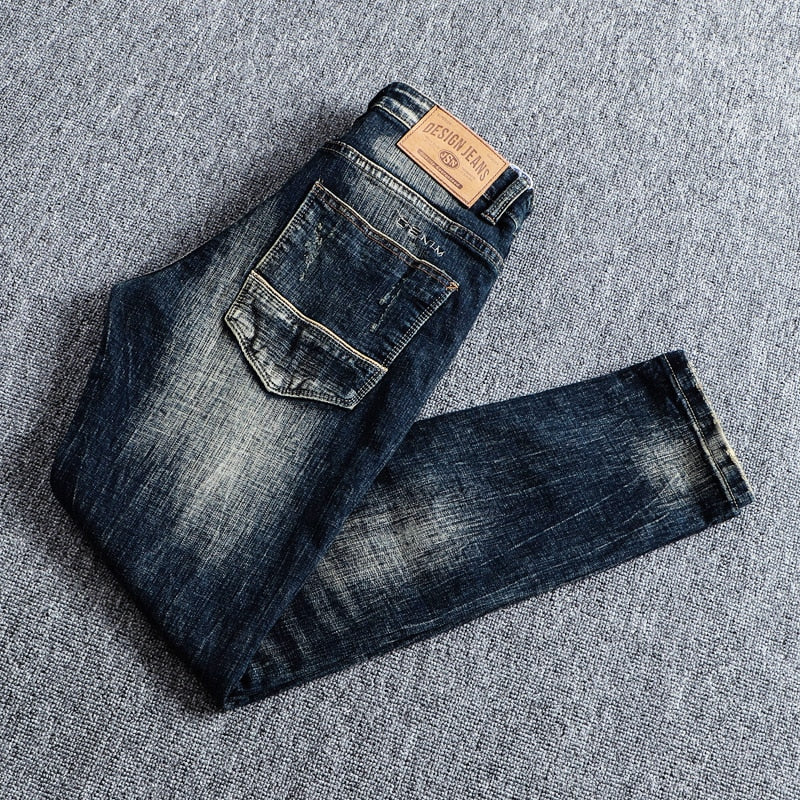 Italian Men Jeans Retro Elastic Slim Fit Ripped Jeans