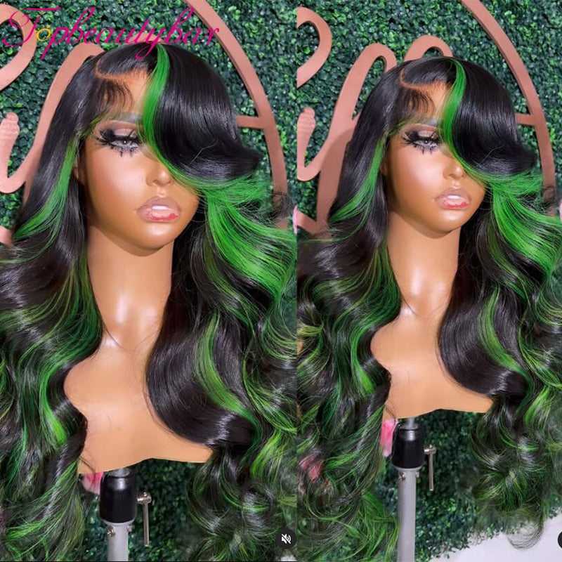 FROST HUMAN HAIR COLLECTION Green Highlight Wig Human Hair Colored Green 13x4 Lace Front Human Hair Wigs for Women Peruvian Remy Wavy Full Lace Wigs