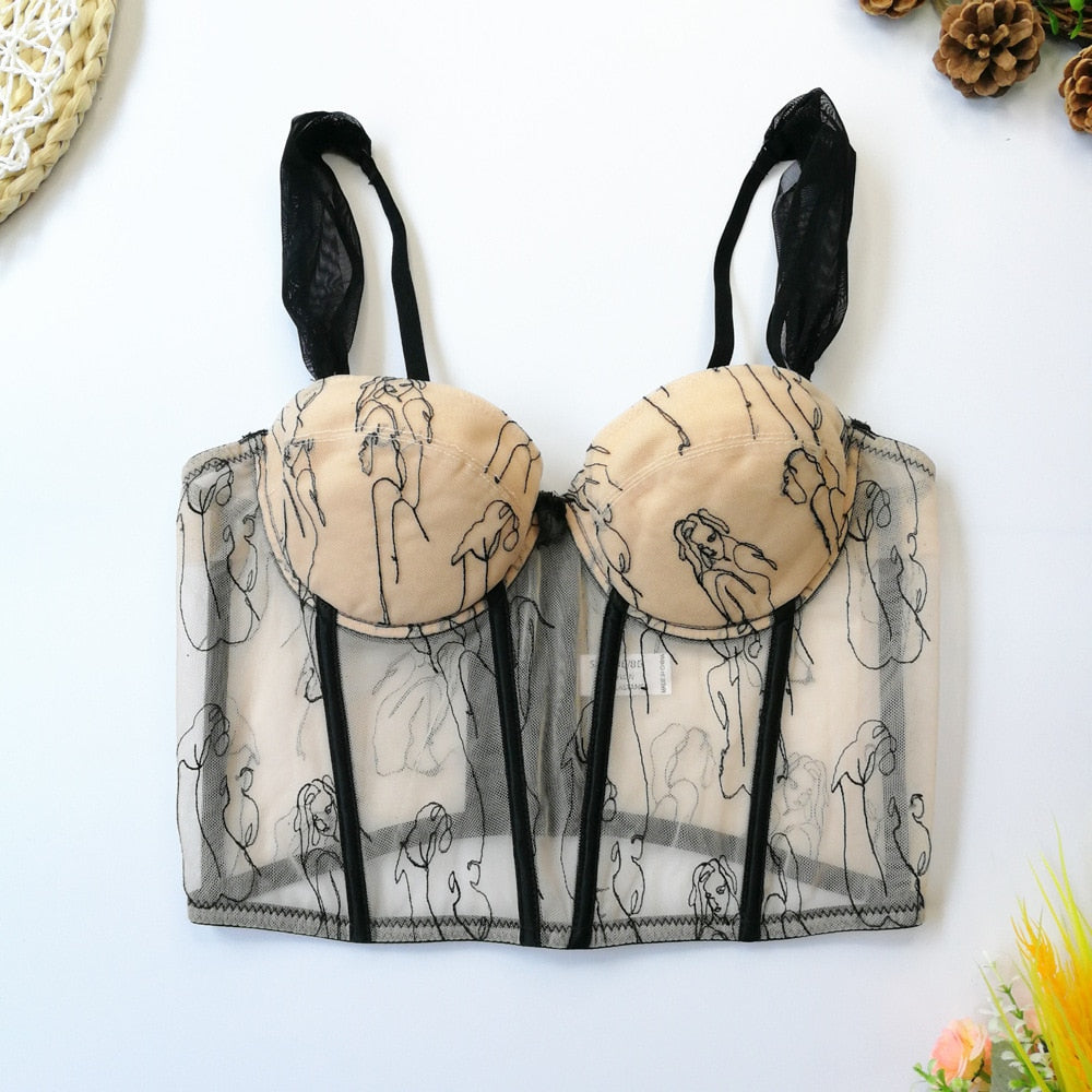Tank Top Sweet Flowers Crop Top Mesh Embroidery Corset Women Elegant Party Bustier Streetwear Festive Clothing
