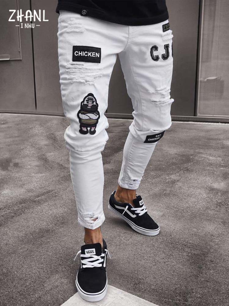 Men Cotton Stretchy Ripped Skinny Jeans High Quality
