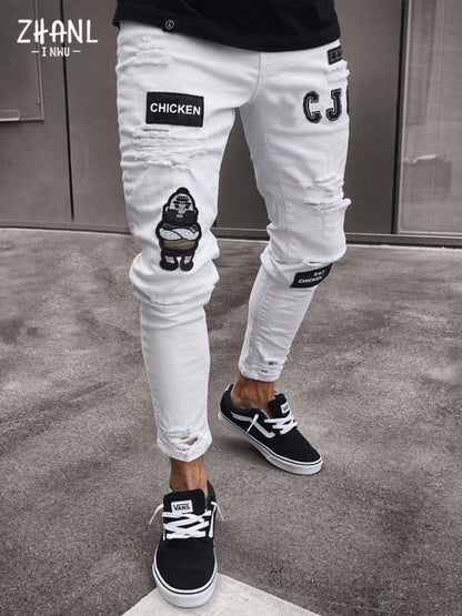 Men Cotton Stretchy Ripped Skinny Jeans High Quality