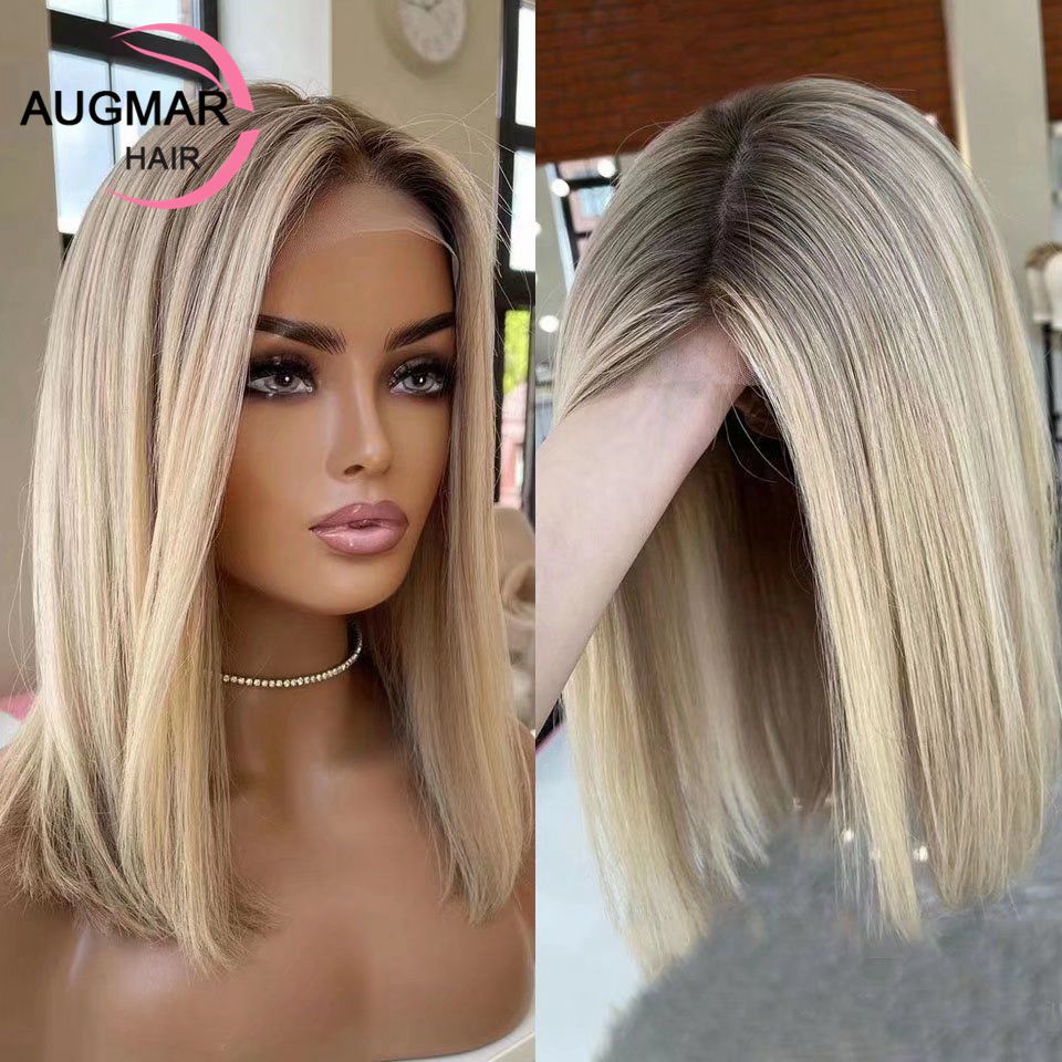 FROSTYYY HUMAN HAIR COLLECTION Short Ash Blonde 360 Lace Frontal Wig Brown Highlight Wig Human Hair 13x4 Straight Bob Wig Lace Front Human Hair Wigs For Women