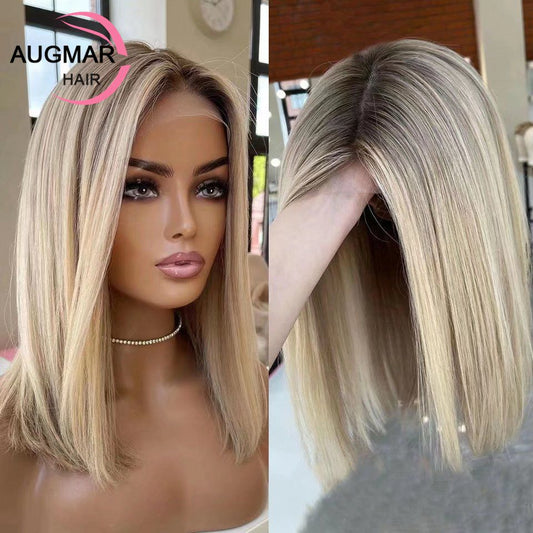 FROSTYYY HUMAN HAIR COLLECTION Short Ash Blonde 360 Lace Frontal Wig Brown Highlight Wig Human Hair 13x4 Straight Bob Wig Lace Front Human Hair Wigs For Women
