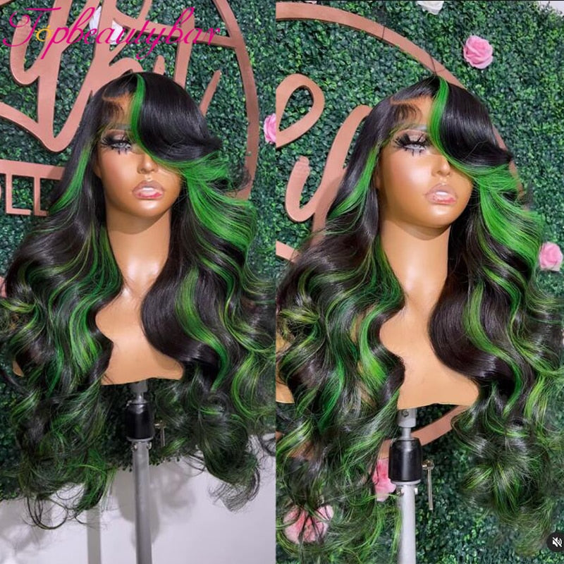 FROST HUMAN HAIR COLLECTION Green Highlight Wig Human Hair Colored Green 13x4 Lace Front Human Hair Wigs for Women Peruvian Remy Wavy Full Lace Wigs