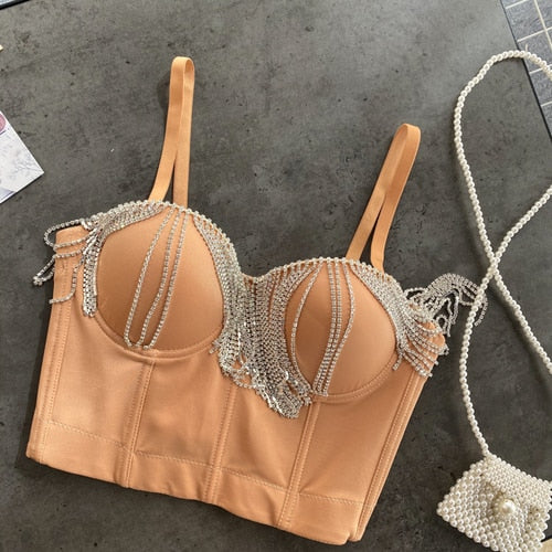 Tassel Rhinestone Camisole Sexy Padded Dance Crop Top