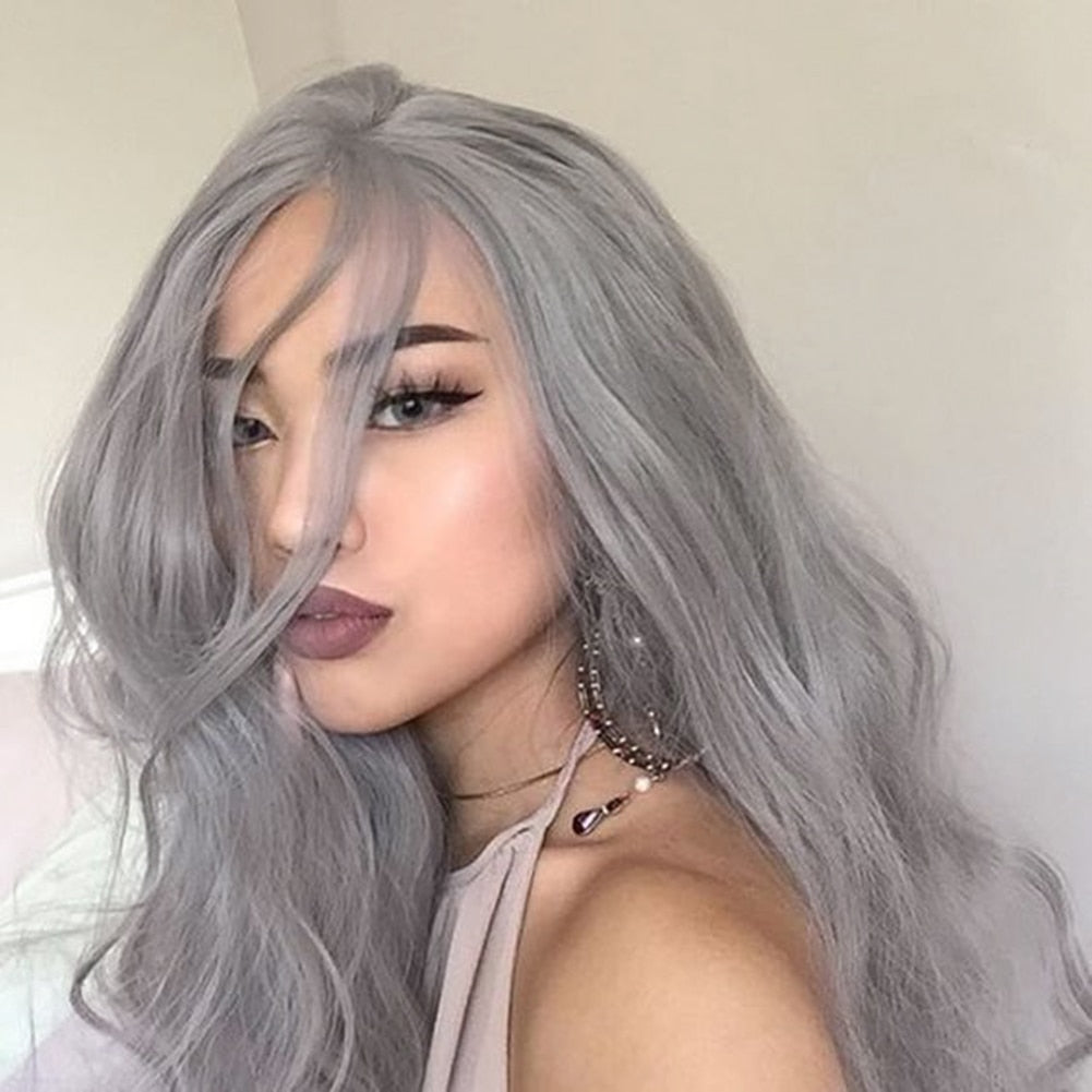 FROSTYYY HUMAN HAIR COLLECTION Charisma Synthetic Lace Front Wig Long Body Wave Silver Grey Lace Front Wigs for Women Heat Resistant Natural Hairline Lace Wigs