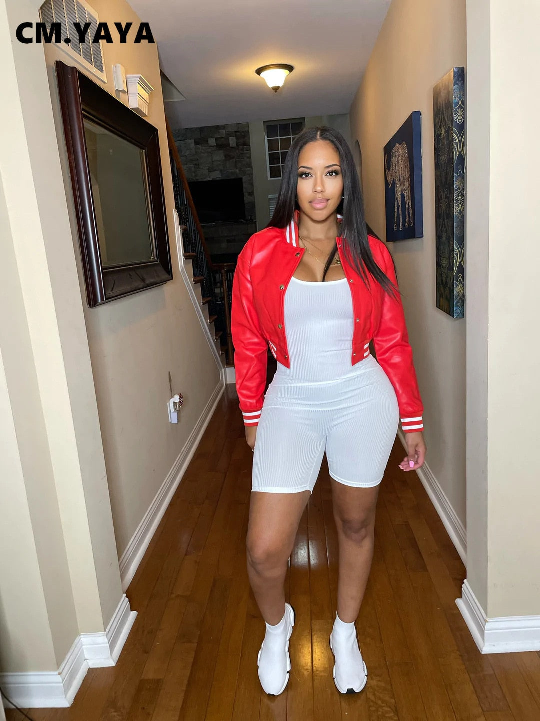 pink Faux Leather Striped Side Baseball Jacket