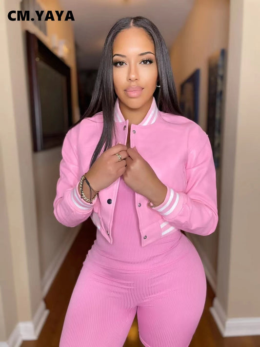 pink Faux Leather Striped Side Baseball Jacket