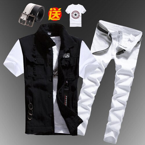 Mens  Casual Denim Vest Jeans Pants Slim Fit Two Piece Set