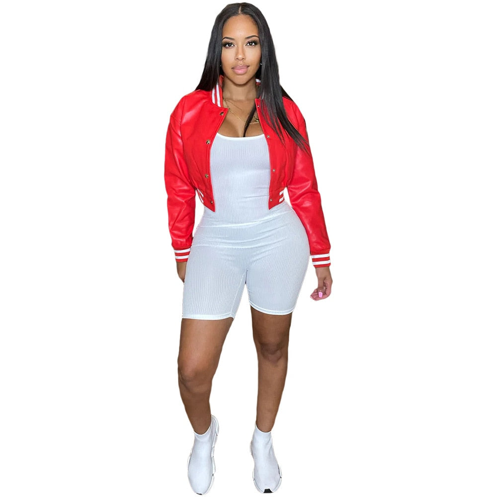 pink Faux Leather Striped Side Baseball Jacket