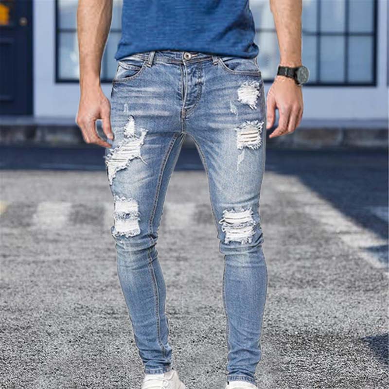 Men Cotton Stretchy Ripped Skinny Jeans High Quality