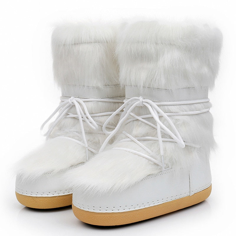 Winter Snow Boots Women Ski Boots Fluffy Hairy Lace Up Middle Calf Platform Flat With White Ski Boots