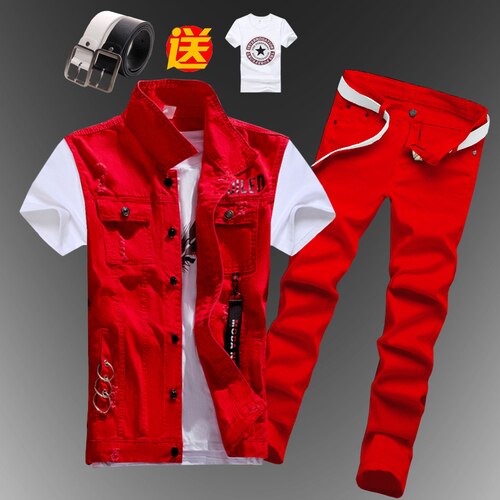 Mens  Casual Denim Vest Jeans Pants Slim Fit Two Piece Set