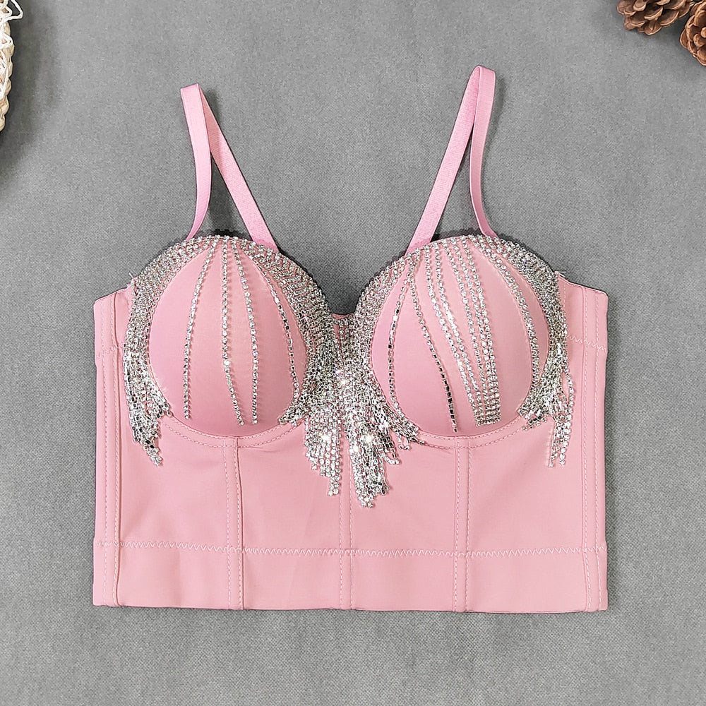 Tassel Rhinestone Camisole Sexy Padded Dance Crop Top