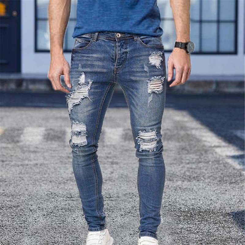 Men Cotton Stretchy Ripped Skinny Jeans High Quality