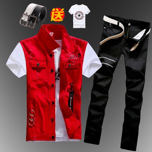 Mens  Casual Denim Vest Jeans Pants Slim Fit Two Piece Set