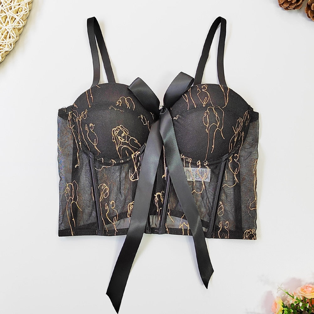 Tank Top Sweet Flowers Crop Top Mesh Embroidery Corset Women Elegant Party Bustier Streetwear Festive Clothing