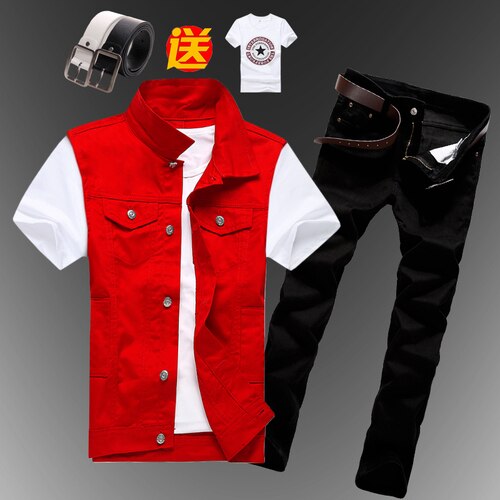 Mens  Casual Denim Vest Jeans Pants Slim Fit Two Piece Set