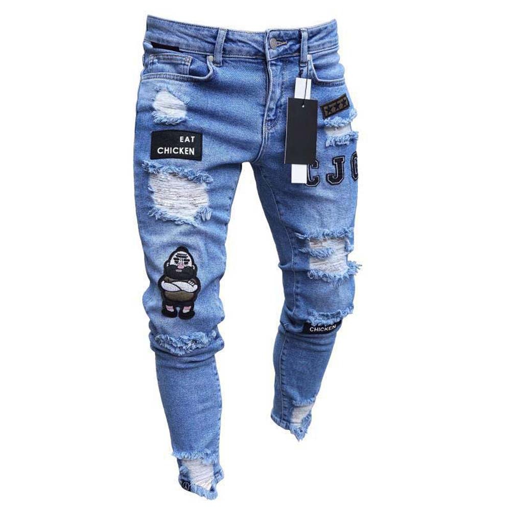 Men Cotton Stretchy Ripped Skinny Jeans High Quality