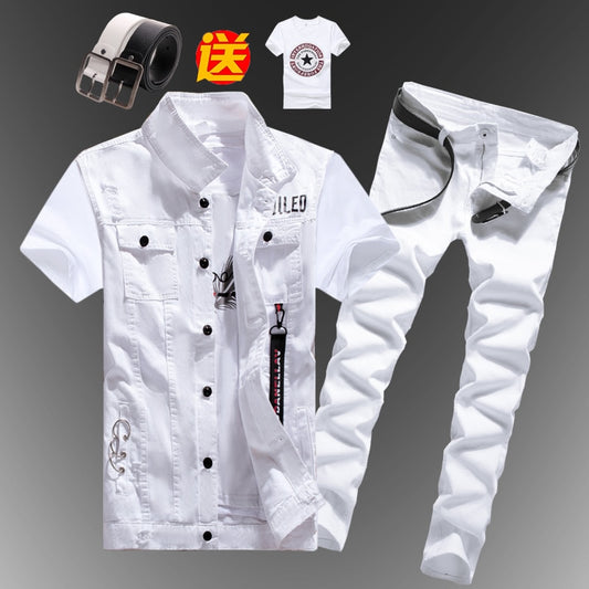Mens  Casual Denim Vest Jeans Pants Slim Fit Two Piece Set