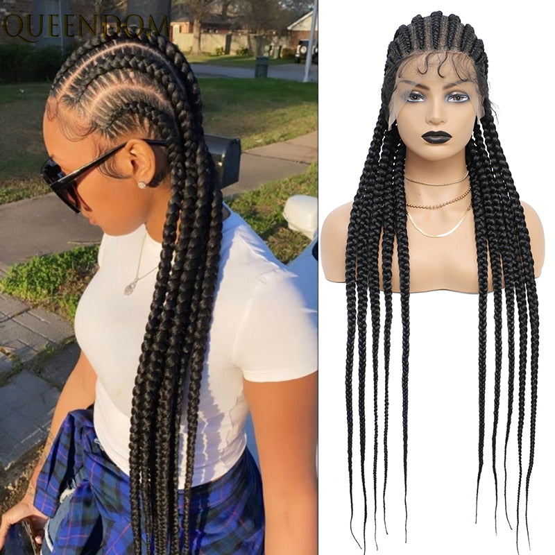 FROST HUMAN HAIR COLLECTION 36 Inches Full Lace Box Braided Wig Cornrow Braids Lace Wigs Synthetic 360 Knotless Box Braids Lace Front Wigs for Black Women