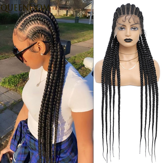 FROST HUMAN HAIR COLLECTION 36 Inches Full Lace Box Braided Wig Cornrow Braids Lace Wigs Synthetic 360 Knotless Box Braids Lace Front Wigs for Black Women