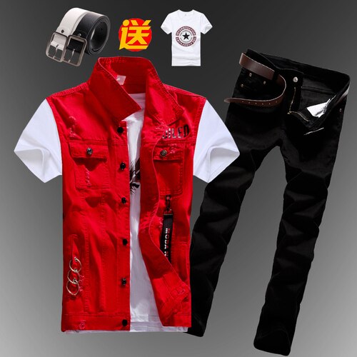Mens  Casual Denim Vest Jeans Pants Slim Fit Two Piece Set