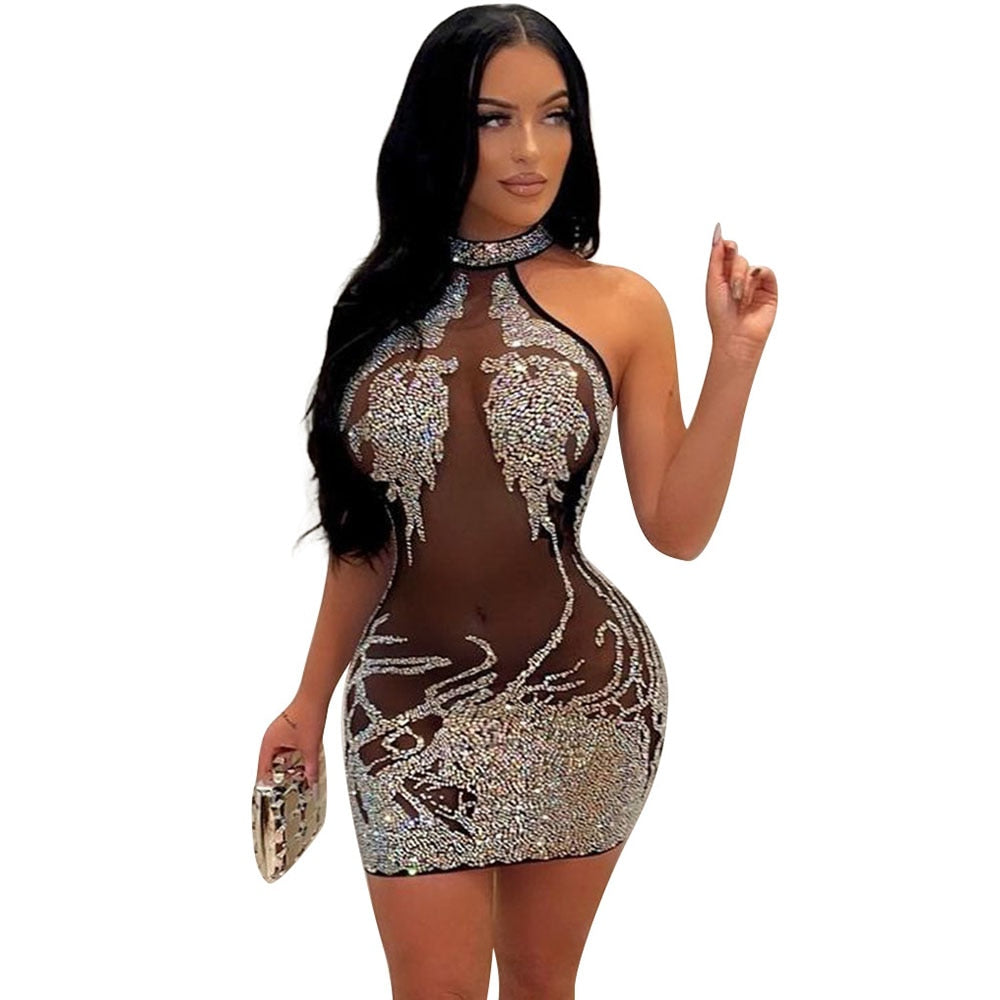 Mesh Rhinestone Short Prom Evening Mini Dress