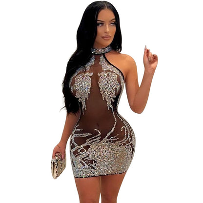 Mesh Rhinestone Short Prom Evening Mini Dress