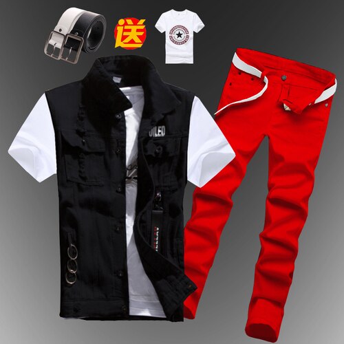 Mens  Casual Denim Vest Jeans Pants Slim Fit Two Piece Set