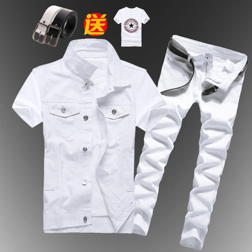 Mens  Casual Denim Vest Jeans Pants Slim Fit Two Piece Set