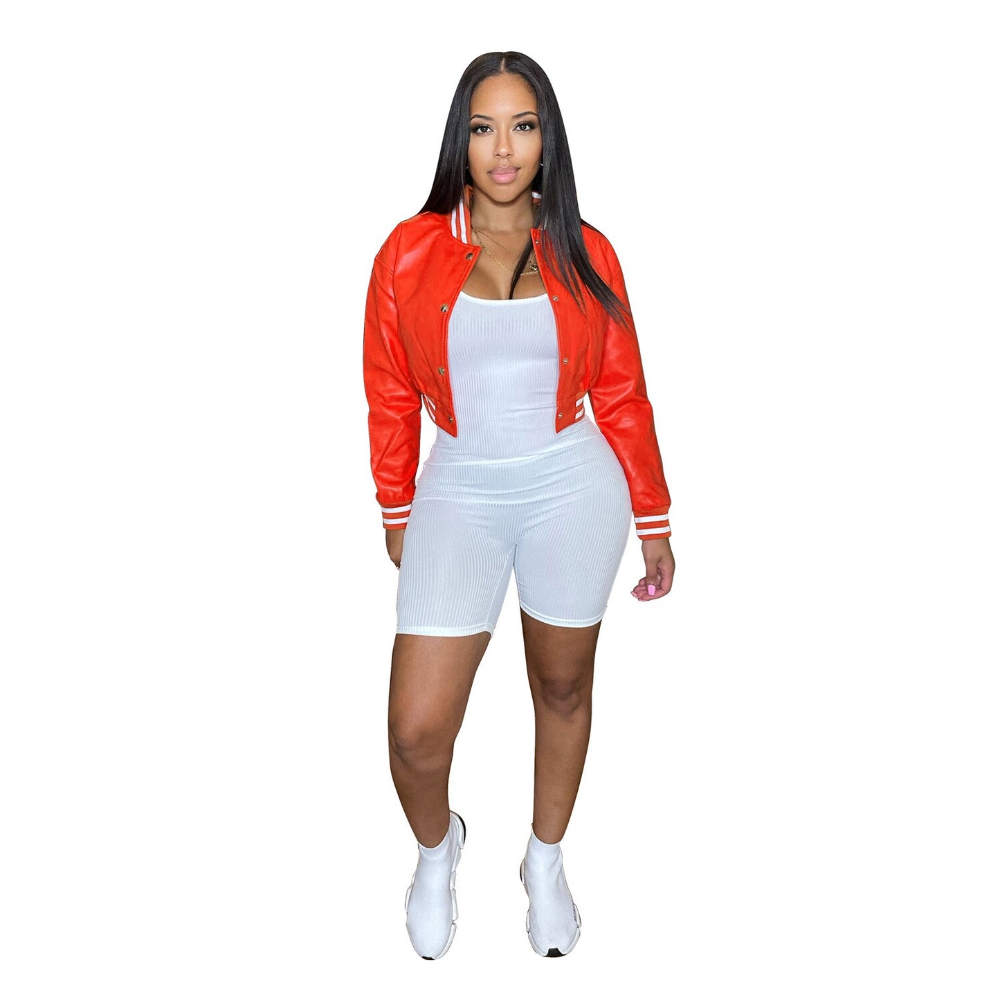 pink Faux Leather Striped Side Baseball Jacket