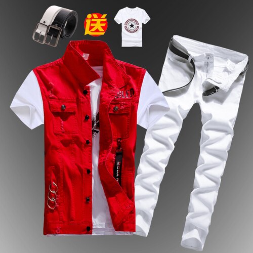 Mens  Casual Denim Vest Jeans Pants Slim Fit Two Piece Set