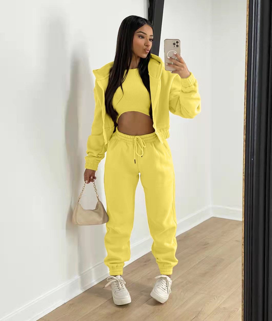 3 pieceLong Sleeve Zip Hoodies+Ribbed Tank+High Waist Three Pieces Outfit