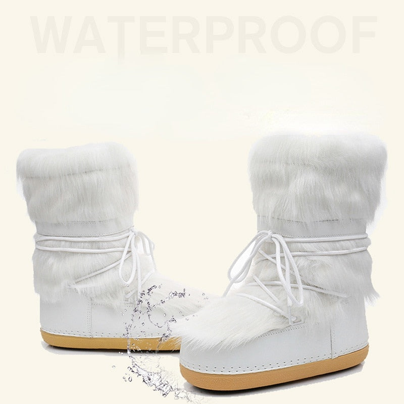 Winter Snow Boots Women Ski Boots Fluffy Hairy Lace Up Middle Calf Platform Flat With White Ski Boots