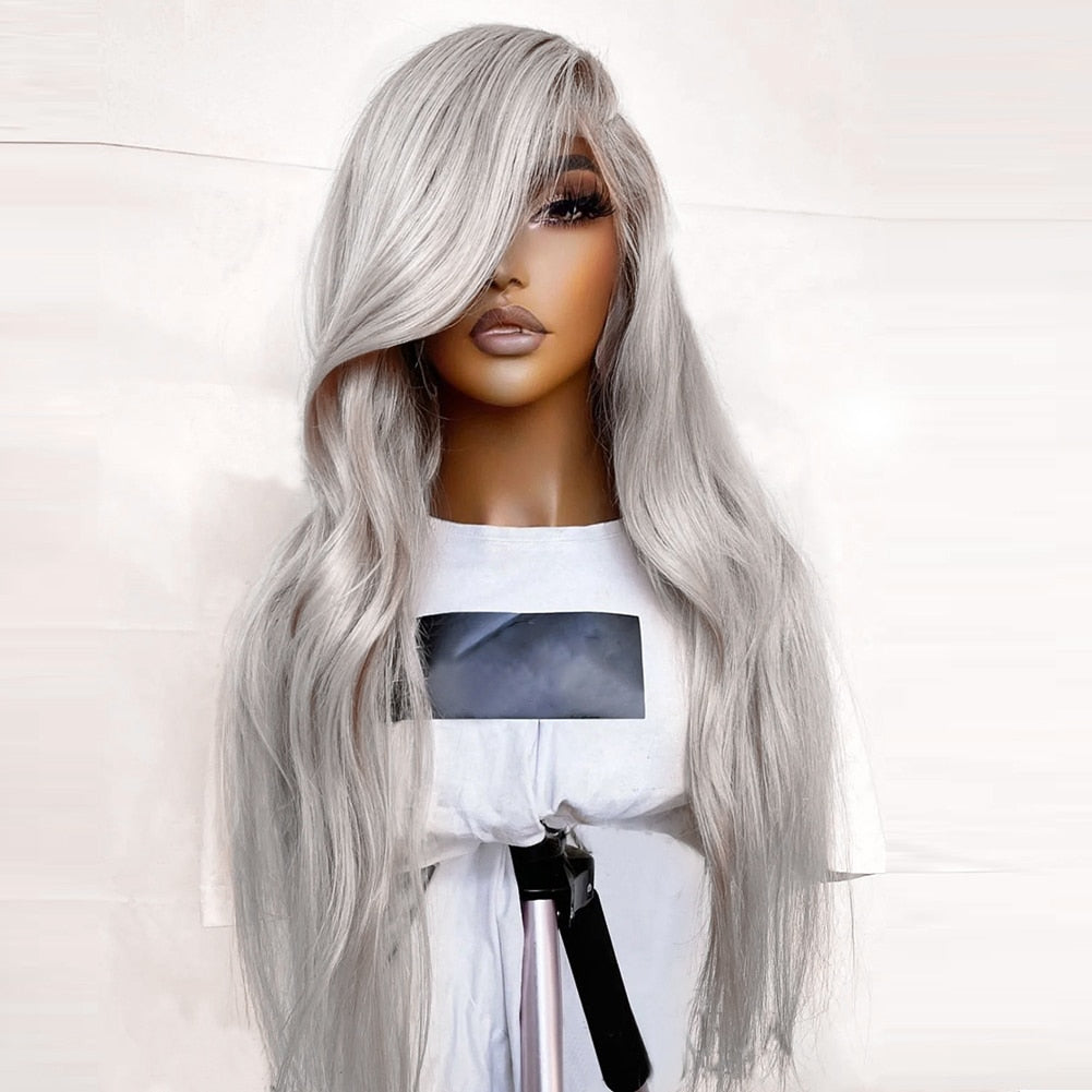 FROSTYYY HUMAN HAIR COLLECTION Charisma Synthetic Lace Front Wig Long Body Wave Silver Grey Lace Front Wigs for Women Heat Resistant Natural Hairline Lace Wigs