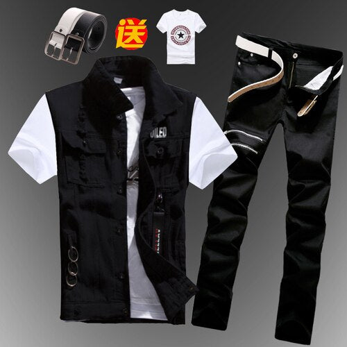 Mens  Casual Denim Vest Jeans Pants Slim Fit Two Piece Set