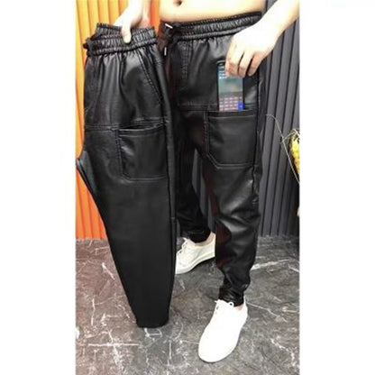Men Leather Pants Elastic Waist Leather Pants