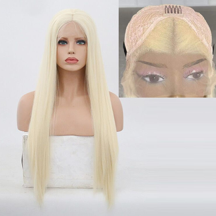 FROST HUMAN HAIR COLLECTION Charisma Blonde Wig Synthetic Lace Front Wig for Women Long Silky Straight Hair Natural Hairline Side Part Cosplay Wigs