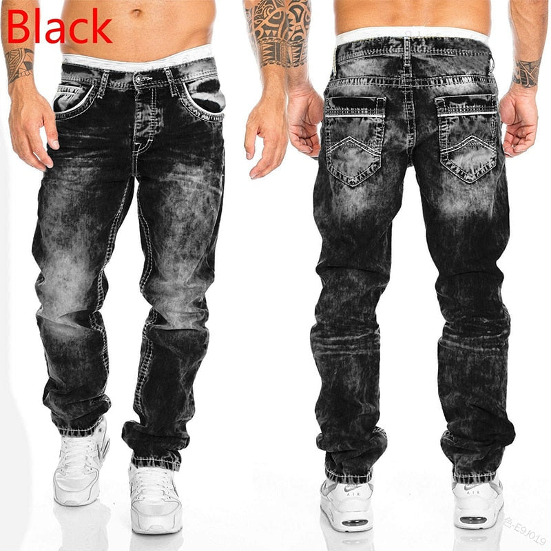 Men Pants Washed Stretch Straight Jeans