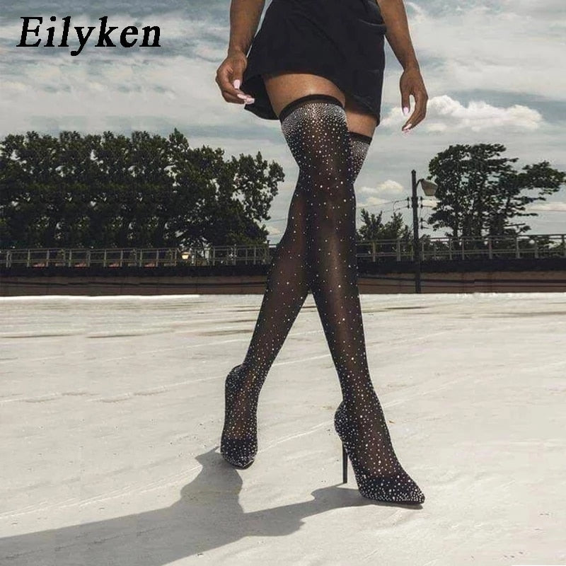 Crystal Rhinestone Stretch Fabric Sexy High Heels