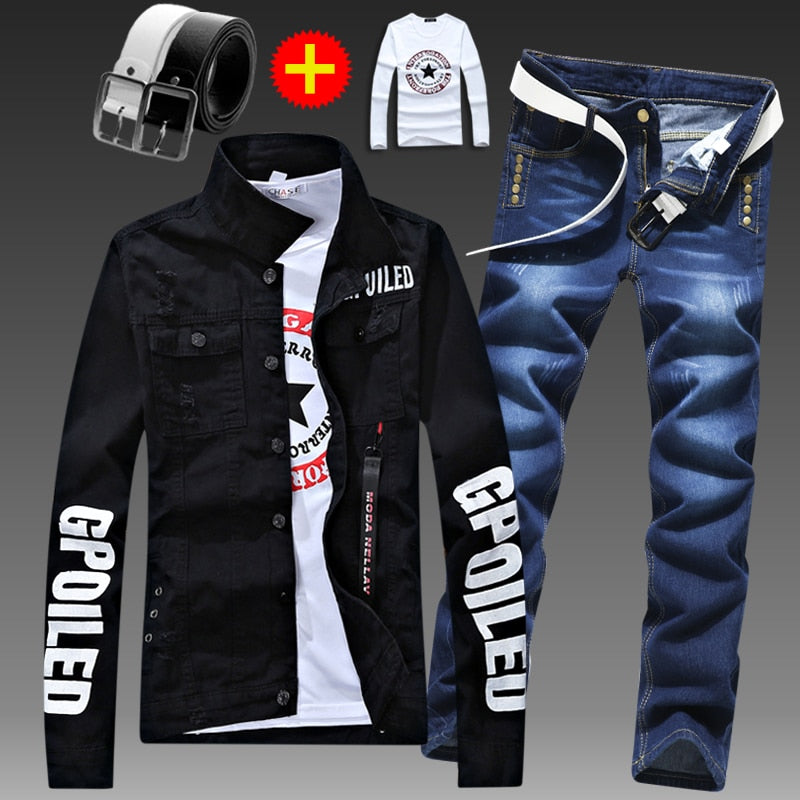 Men Slim Fit Denim Jacket Pants 2pcs Set