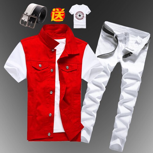 Mens  Casual Denim Vest Jeans Pants Slim Fit Two Piece Set
