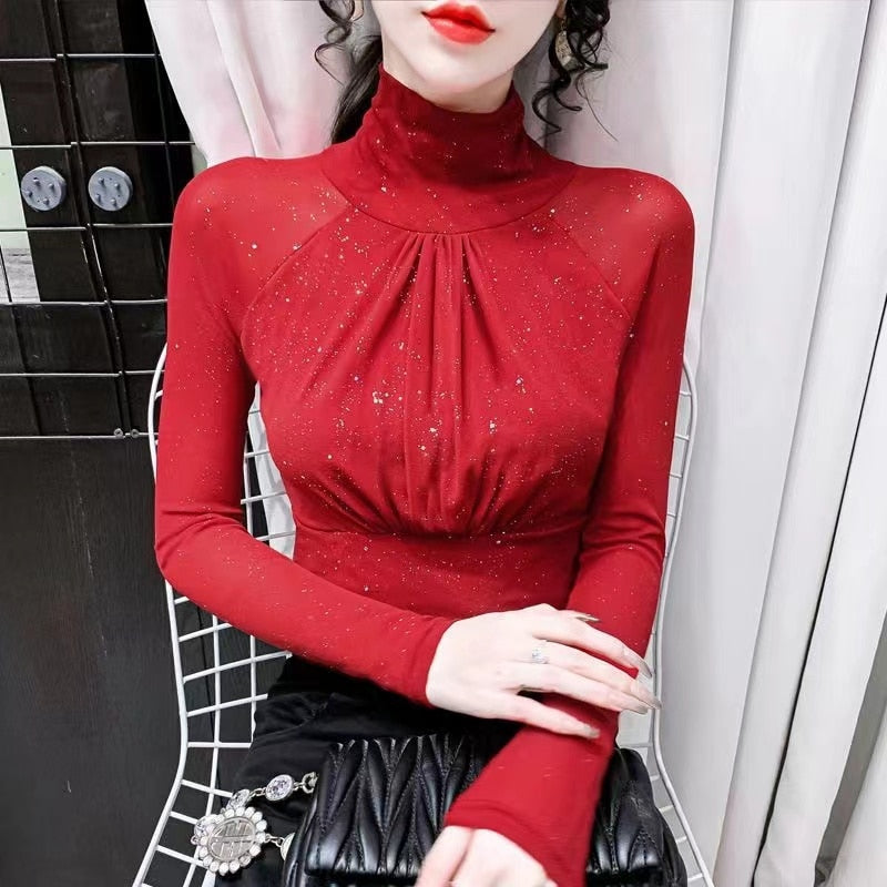 High neck Sexy Black Casual Bright silk Lady shirt