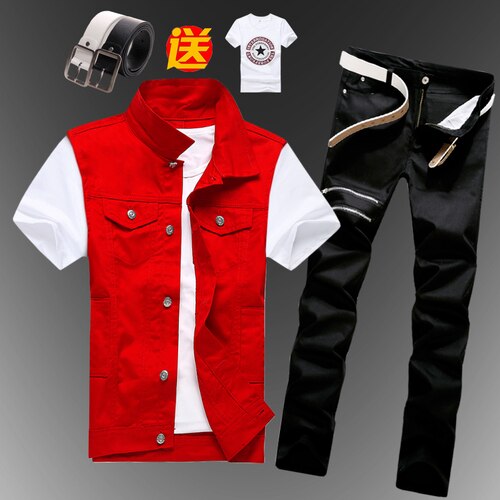 Mens  Casual Denim Vest Jeans Pants Slim Fit Two Piece Set