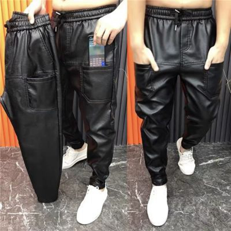 Men Leather Pants Elastic Waist Leather Pants