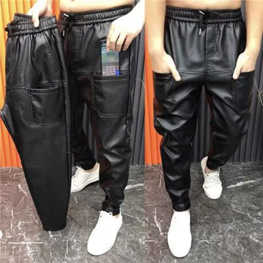 Men Leather Pants Elastic Waist Leather Pants